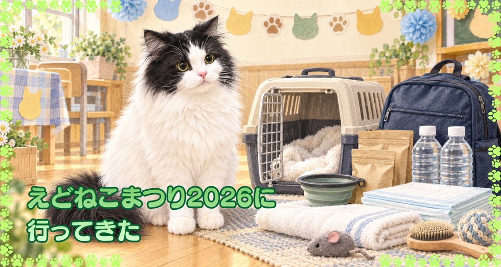 えどねこまつり2026のレポート。キャリーケースと備蓄の水やフードのそばに座る黒白の長毛猫