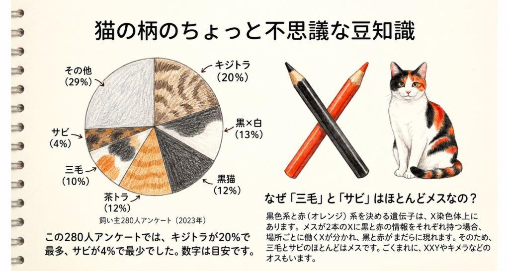 飼い主280人アンケートの猫の毛柄割合と、三毛・サビがほとんどメスになる仕組み