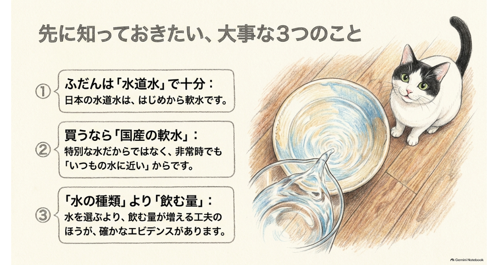 先に知っておきたい3つのこと。ふだんは水道水で十分、買うなら国産の軟水、水の種類より飲む量