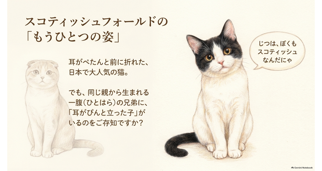 図解：スコティッシュフォールドのもうひとつの姿。耳が折れたフォールドと、同じ親から生まれる耳の立ったストレートのイラスト