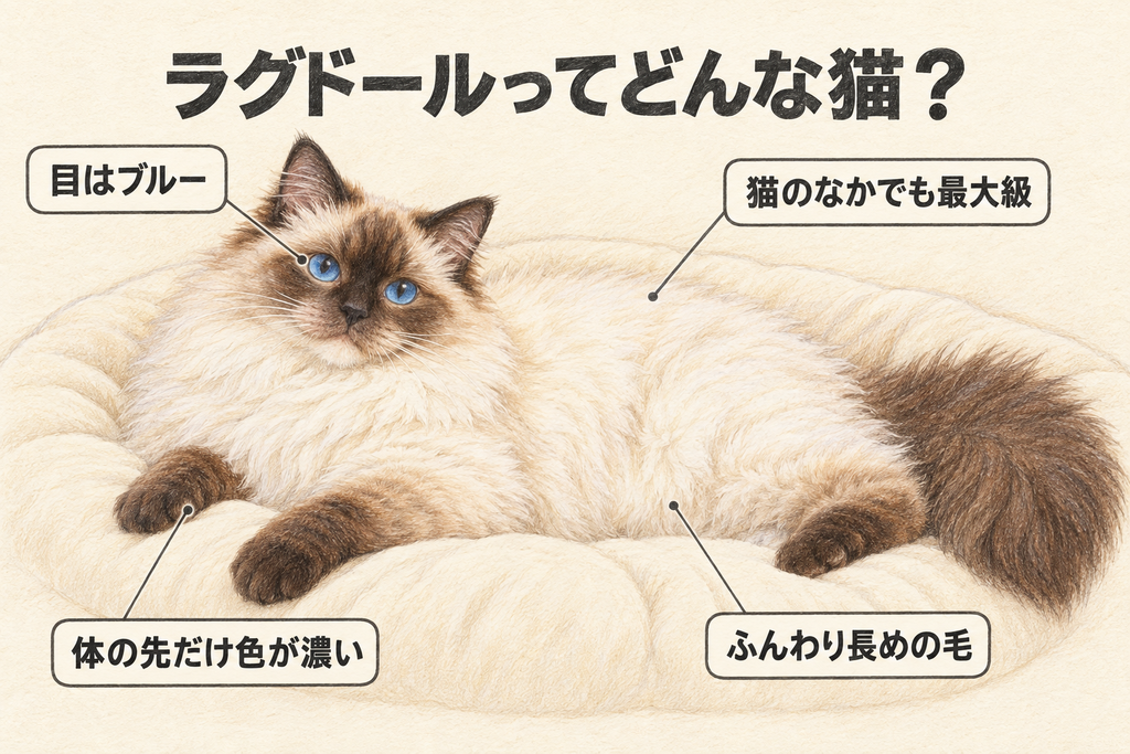 図解:ラグドールってどんな猫? 目はブルー、体の先だけ色が濃い、ふんわり長めの毛、猫のなかでも最大級。クッションに寝そべるラグドールのイラスト