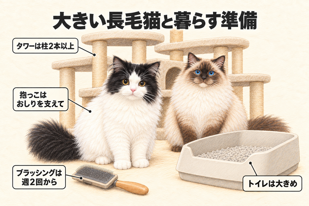 図解:大きい長毛猫と暮らす準備。タワーは柱2本以上、抱っこはおしりを支えて、ブラッシングは週2回から、トイレは大きめ。キャットタワーの前に座るオレオとラグドールのイラスト