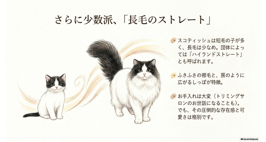 図解：さらに少数派の長毛のストレート。短毛が多く長毛は少なめで、ふさふさの襟毛と房のように広がるしっぽが特徴。子猫とおとなの長毛の猫のイラスト