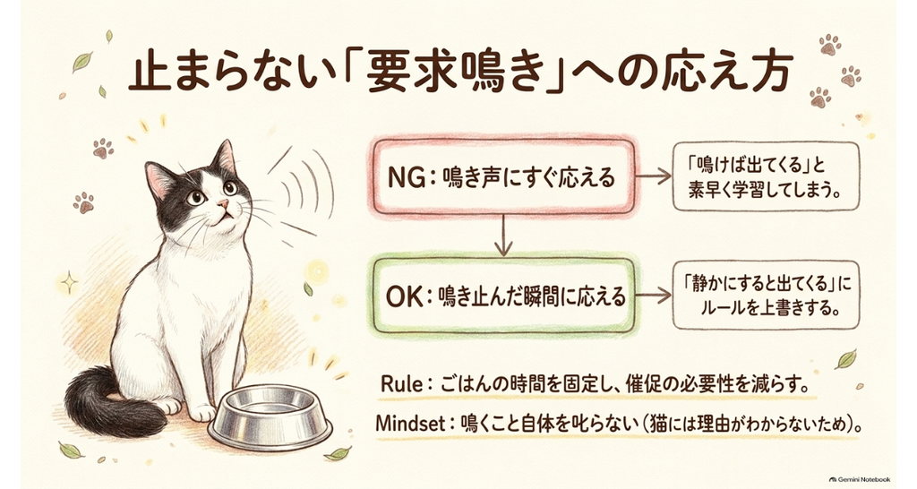 図解:止まらない要求鳴きへの応え方。NGは鳴き声にすぐ応える、OKは鳴きやんだ瞬間に応える、という対比