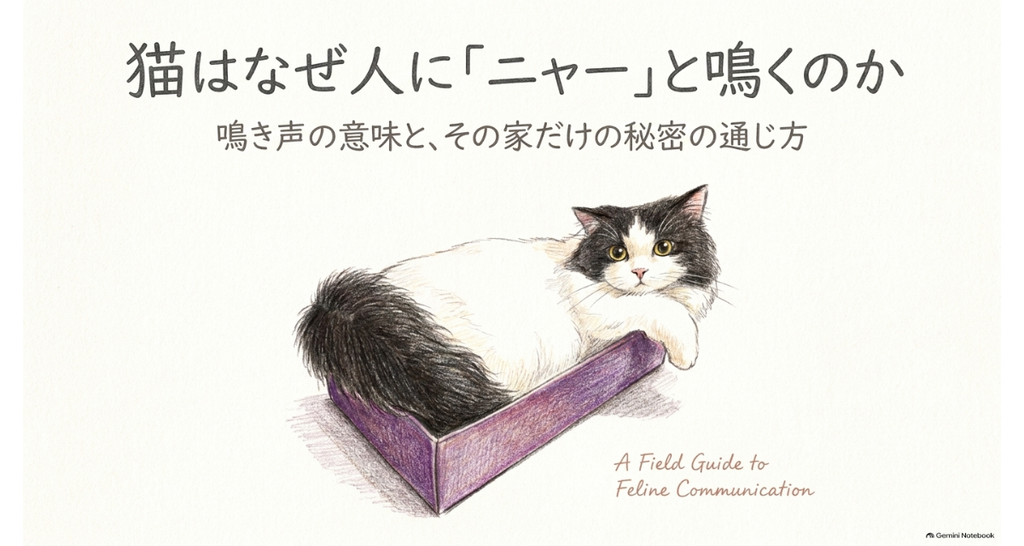 記事タイトル図解:猫はなぜ人に「ニャー」と鳴くのか。段ボール箱に座る黒白の猫のイラスト