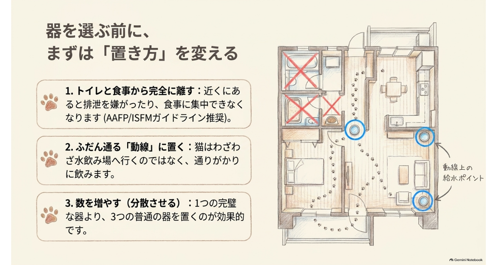 器より先に置き方を変える図。間取り図に水飲み場3か所を示し、トイレと食事から離す・動線に置く・数を増やすの3点