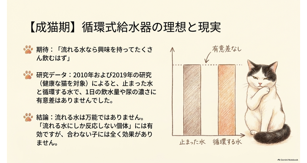 止まった水と循環する水で1日の飲水量に有意差がなかったことを示す棒グラフ。2010年と2019年の研究より