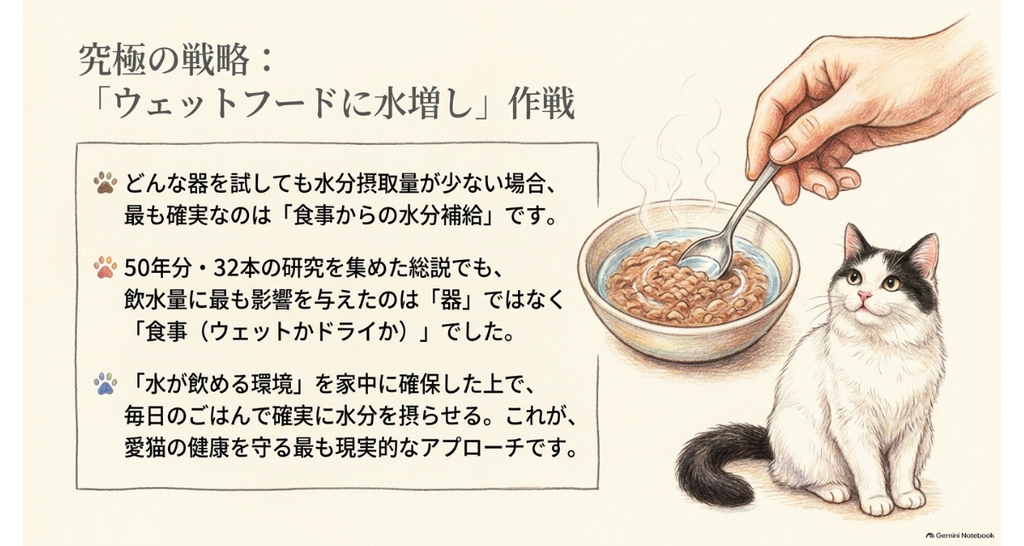 ウェットフードに水を足して水分を補う方法を示した図。器を試しても飲まないときの、いちばん確実な手段