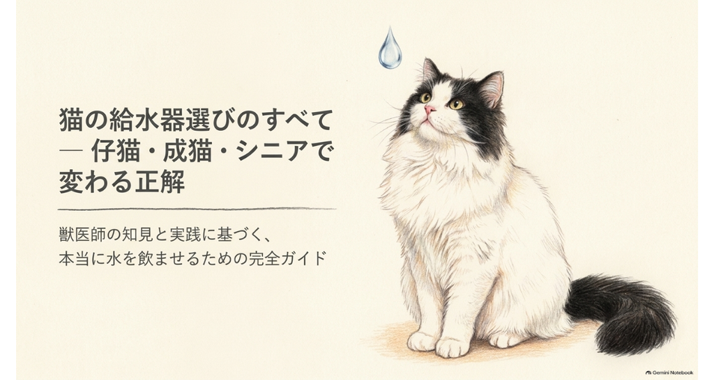 「猫の給水器選びのすべて — 仔猫・成猫・シニアで変わる正解」と書かれたタイトル図と、座る黒白の長毛猫