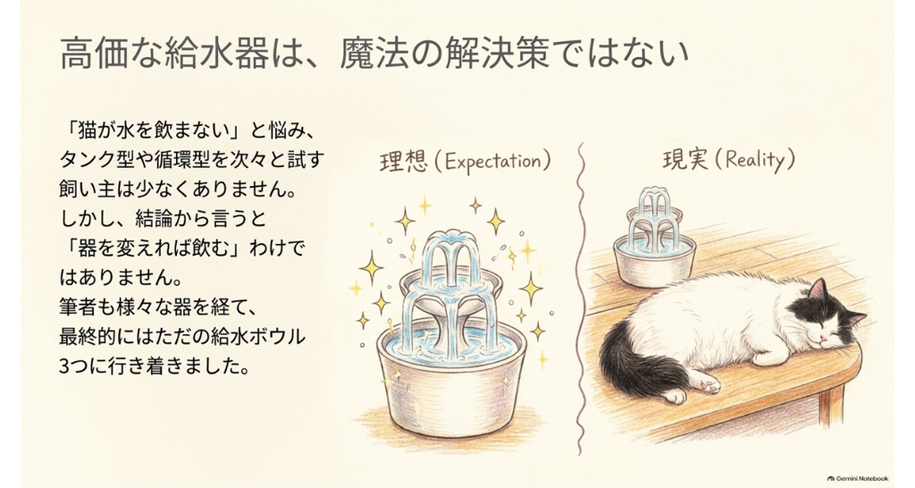 高価な給水器は魔法の解決策ではないことを示す図。理想の噴水型給水器と、その隣で寝てしまっている現実の猫