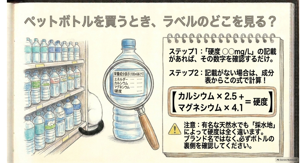 ペットボトルのラベルの見方。硬度の表示を見る。なければ「カルシウム×2.5+マグネシウム×4.1」で計算。採水地で硬度が変わる