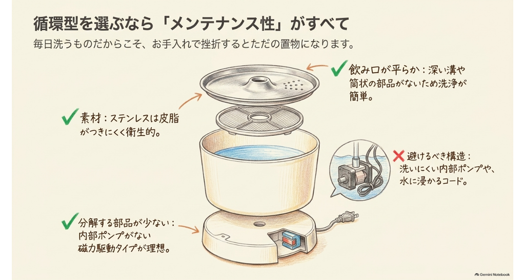 循環型給水器の分解図。飲み口が平ら・分解する部品が少ない・洗いにくい内部ポンプは避ける、というお手入れの見どころ