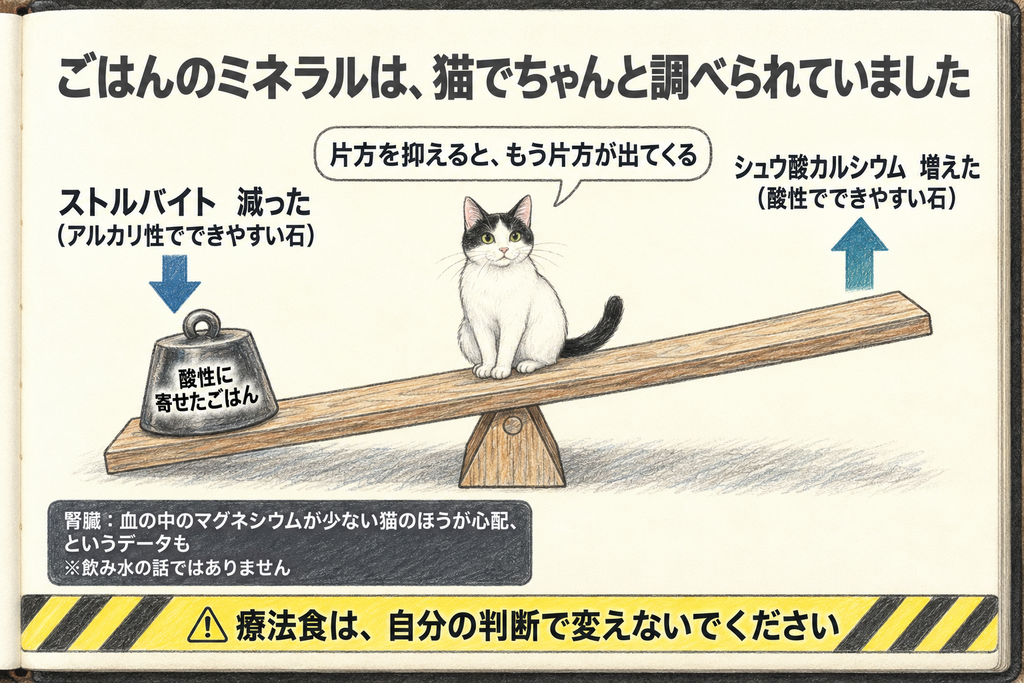 ごはんのミネラルの図。シーソーの左に「酸性に寄せたごはん」の重り。ストルバイトは減り、シュウ酸カルシウムは増えた。片方を抑えると、もう片方が出てくる