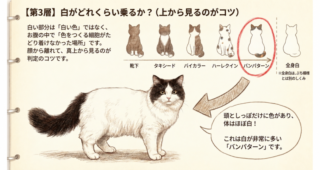 猫の白い部分の量を靴下からバンパターンまで示す第3層の解説