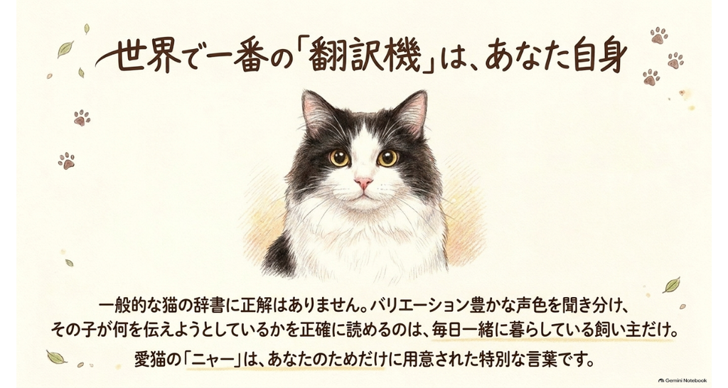 図解:世界で一番の翻訳機はあなた自身。猫の辞書に共通の正解はなく、その子の鳴き方を読めるのは一緒に暮らす人だけ、というまとめ