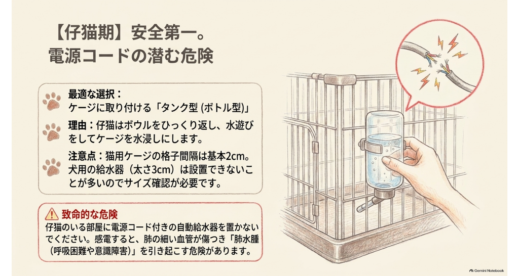 仔猫期はケージに取り付けるタンク型が安全という図。電源コードをかじって感電する危険もあわせて示している