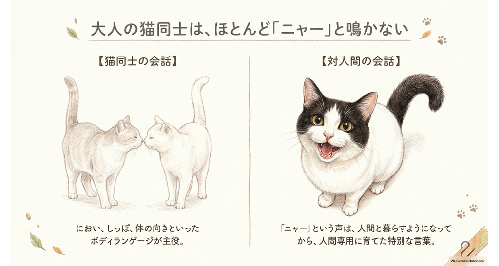 図解:大人の猫同士はほとんどニャーと鳴かない。猫同士の会話はにおい・しっぽ・体の向きが主役で、人へはニャーという声を使うという比較