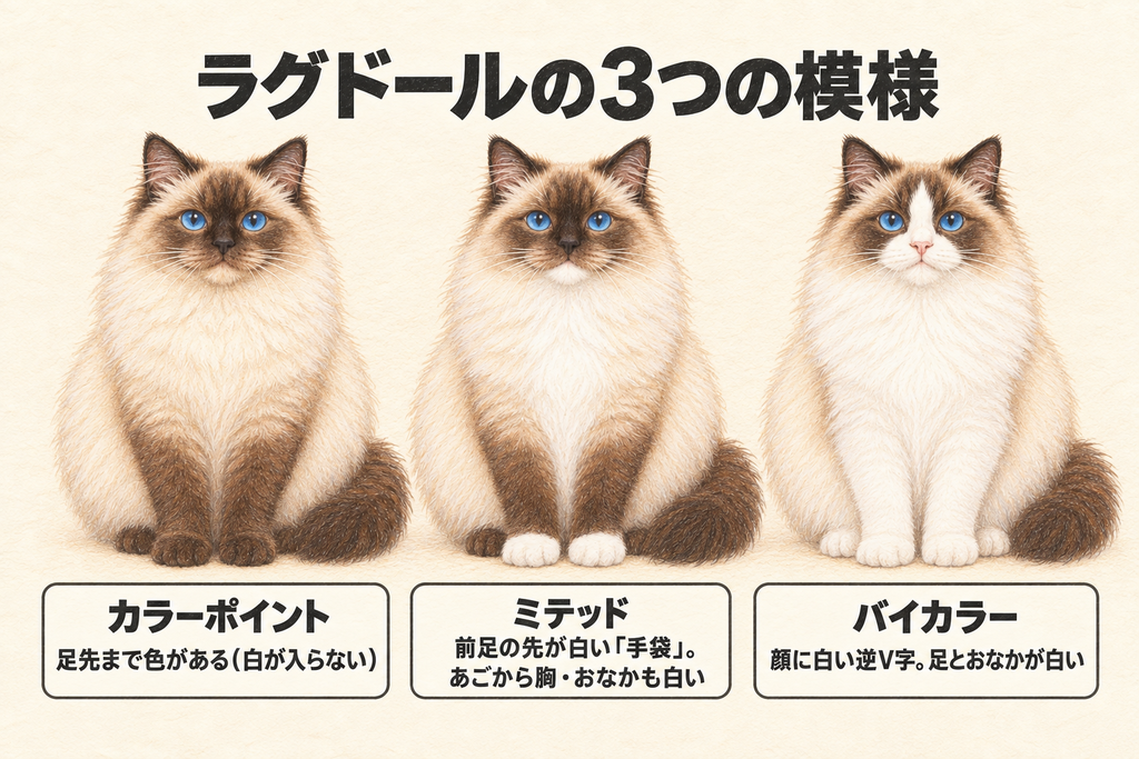 図解:ラグドールの3つの模様。カラーポイントは足先まで色がある、ミテッドは前足の先が白い手袋で、あごから胸・おなかも白い、バイカラーは顔に白い逆V字で、足とおなかが白い