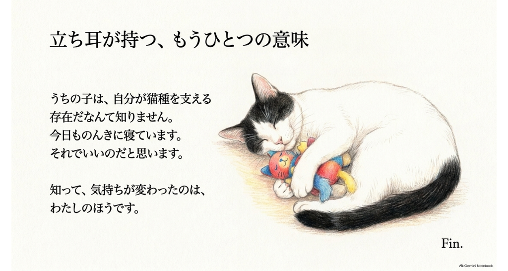 図解：立ち耳が持つ、もうひとつの意味。おもちゃを抱えてのんきに眠る猫のイラストと、知って気持ちが変わったのは飼い主のほうだという結び