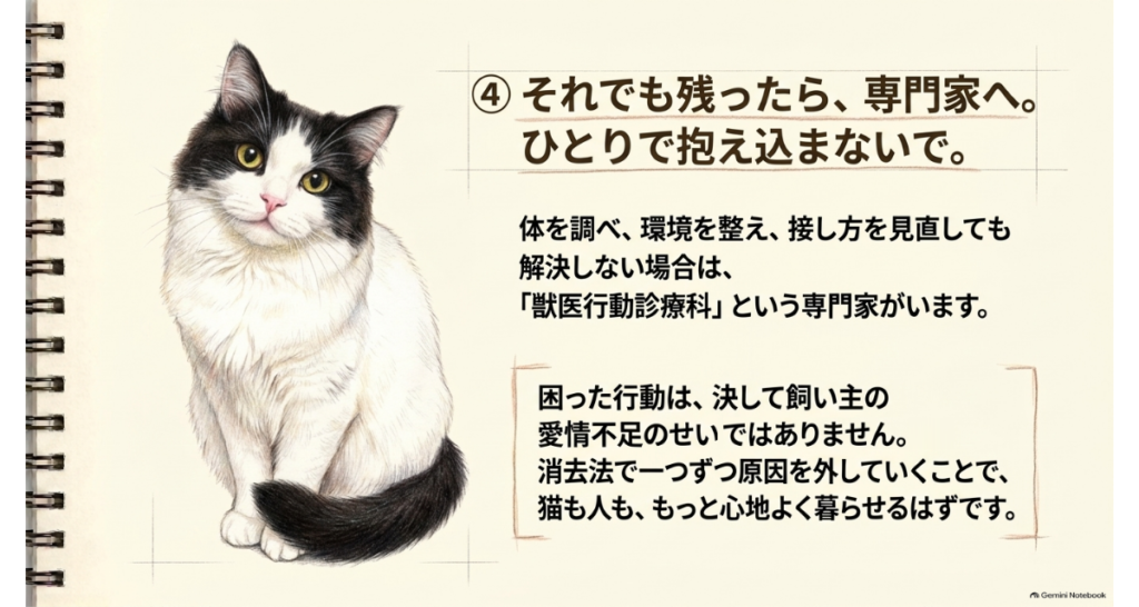 体・環境・接し方を見直しても続くときは獣医行動診療科へ、と伝える黒白の猫のイラスト(図解)