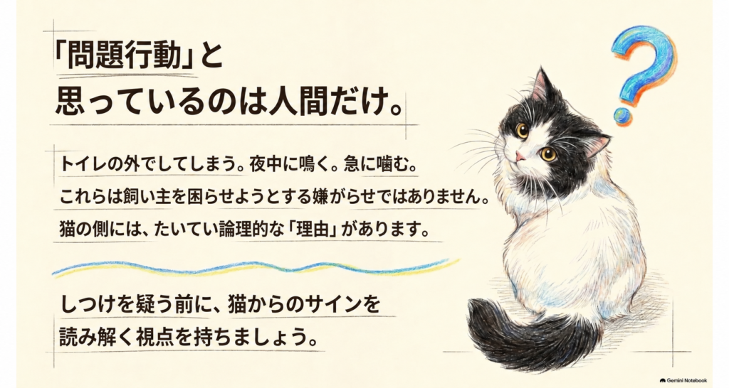 「『問題行動』と思っているのは人間だけ」と書かれた、振り返る黒白の猫のイラスト(図解)