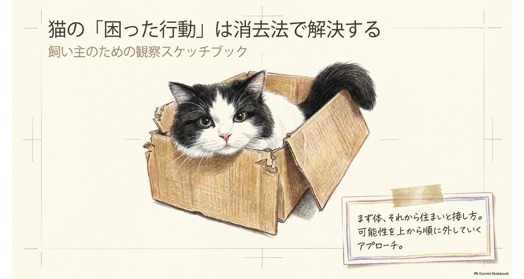 段ボール箱に入った黒白の猫のイラストと、「まず体、それから住まいと接し方」のメモ(図解)