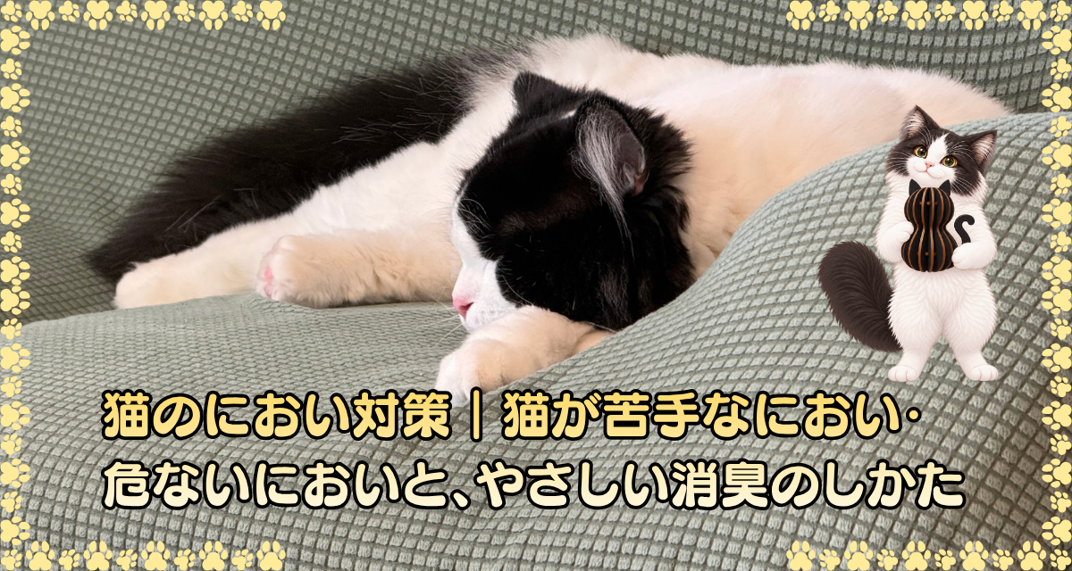 猫のにおい対策｜猫が苦手なにおい・危ないにおいと、やさしい消臭のしかた。ソファで眠るオレオの写真に、炭零のまるこを抱えた猫のイラストとタイトルを重ねたアイキャッチ