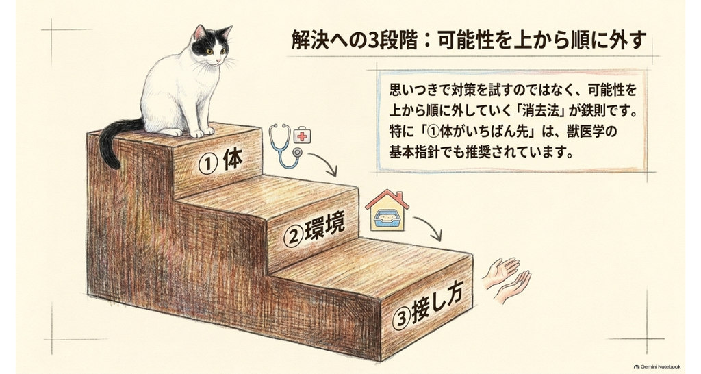 ①体・②環境・③接し方の3段の階段に猫が座る、消去法の順番を表した図解
