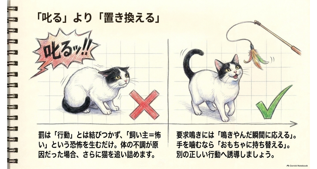 叱るより、要求鳴きや手を噛む行動を別の行動に置き換える考え方を比べた図解
