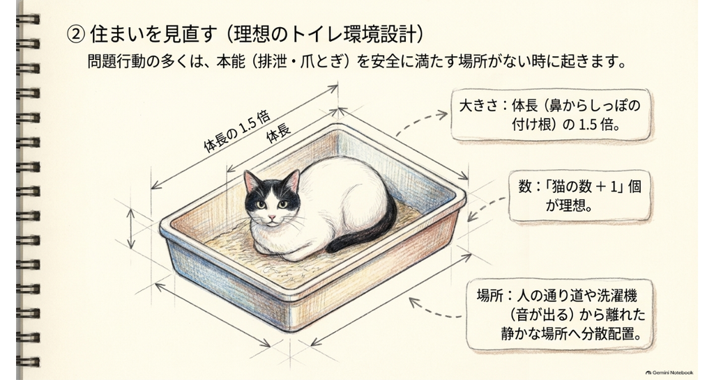 トイレの大きさ(体長の1.5倍)・数(猫の数+1)・置き場所の目安を示した図解