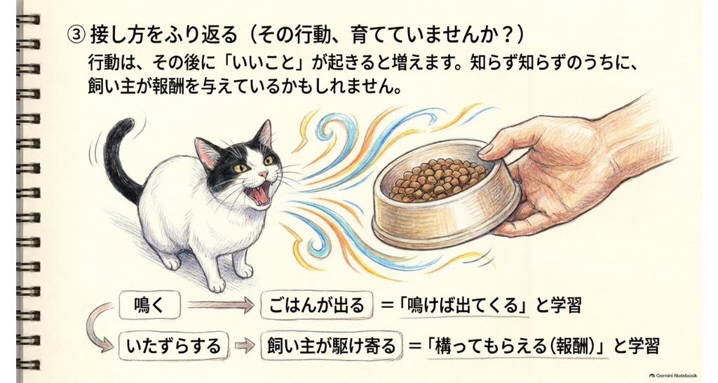 鳴くとごはんが出る、いたずらすると飼い主が駆け寄る、という学習の流れを描いた図解
