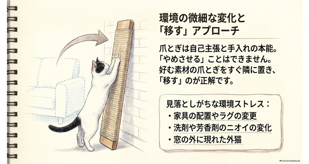 爪とぎを好きな場所の隣に置いて「移す」考え方と、見落としがちな環境の変化をまとめた図解