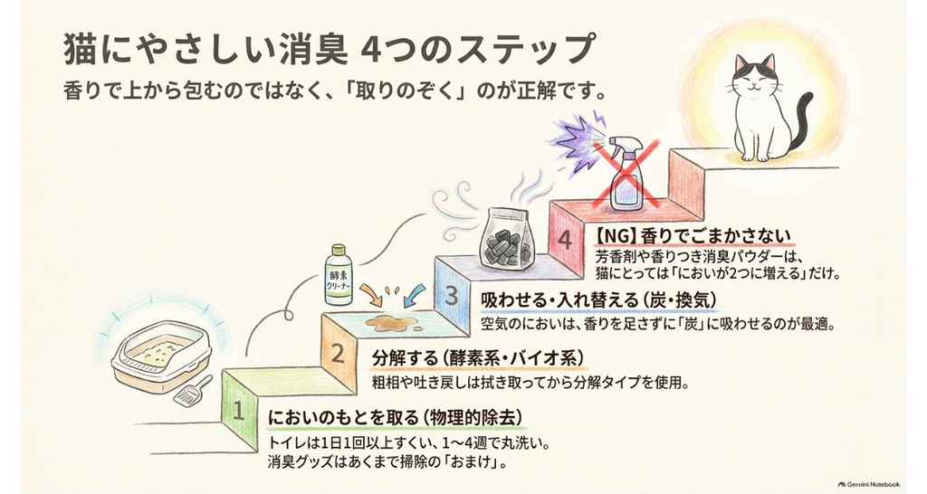 図解:猫にやさしい消臭4つのステップ。1においのもとを取る(トイレ掃除)、2汚れは分解するタイプで、3空気のにおいは炭と換気で吸わせる・入れ替える、4香りでごまかさない