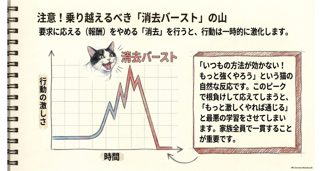 報酬をやめた直後に行動が一時的に激しくなる「消去バースト」を表したグラフの図解