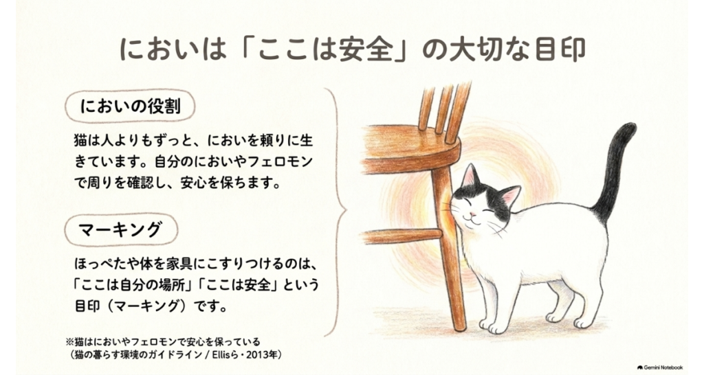図解:においは「ここは安全」の大切な目印。猫は人よりもずっとにおいを頼りに暮らしていて、ほっぺたを家具にこすりつけるマーキングで自分の場所の目印をつける。椅子の脚に顔をこすりつける白黒の猫