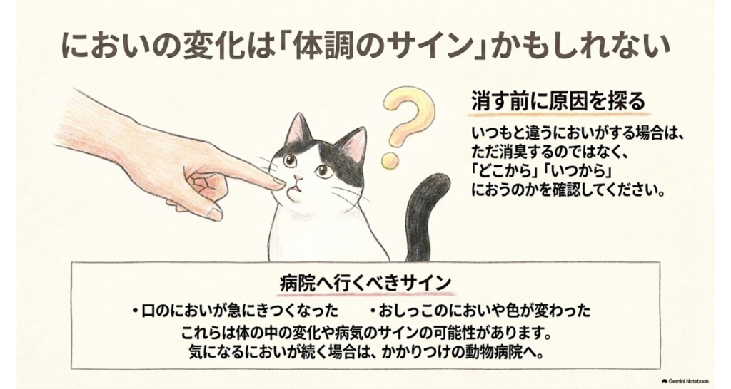図解:においの変化は体調のサインかもしれない。消す前に、どこから・いつからにおうのかを確かめる。口のにおいが急にきつくなった、おしっこのにおいや色が変わったときは、かかりつけの動物病院へ