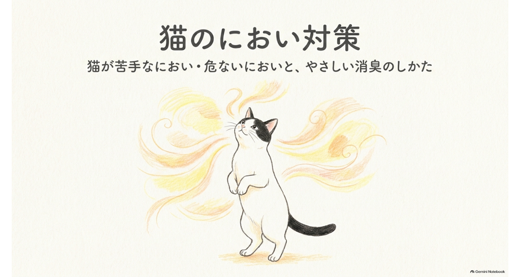 タイトルのイラスト:猫のにおい対策|猫が苦手なにおい・危ないにおいと、やさしい消臭のしかた。顔を上げてにおいをかぐ白黒の猫