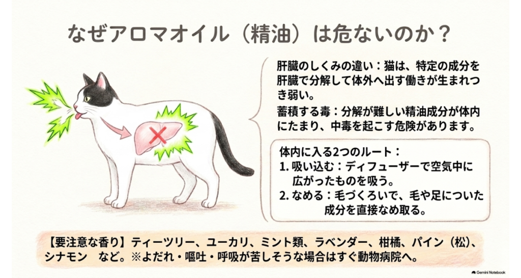図解:なぜアロマオイル(精油)は危ないのか。猫は特定の成分を肝臓で分解する働きが生まれつき弱く、吸いこむ・毛づくろいでなめるの2つのルートで体に入る。要注意な香りはティーツリー、ユーカリ、ミント類、ラベンダー、柑橘、パイン、シナモンなど