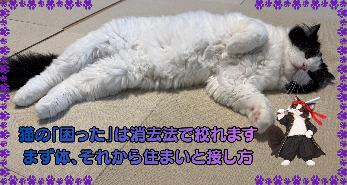 おなかを見せて寝ころぶオレオの写真と、「猫の『困った』は消去法で絞れます」の文字