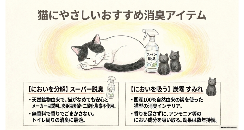 図解:猫にやさしい消臭アイテム。においを分解するスーパー脱臭(無香料・次亜塩素酸と二酸化塩素は不使用)と、においを吸う猫の形の炭「炭零(すみれ)」