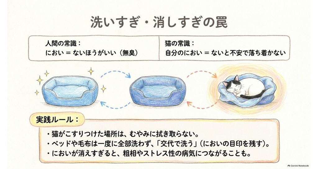 図解:洗いすぎ・消しすぎの罠。人はにおいがないほうがいいと思いがちだが、猫は自分のにおいがないと落ち着かない。猫がこすりつけた場所はむやみに拭かず、ベッドや毛布は交代で洗う