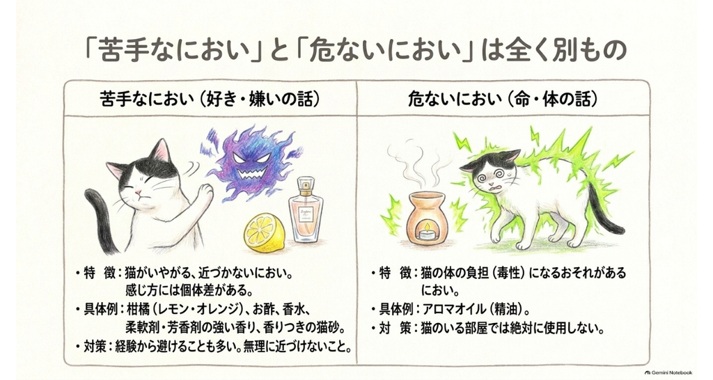 図解:苦手なにおいと危ないにおいは別もの。苦手なにおいは柑橘・お酢・香水や柔軟剤の強い香りなど好き嫌いの話、危ないにおいはアロマオイル(精油)で体の話