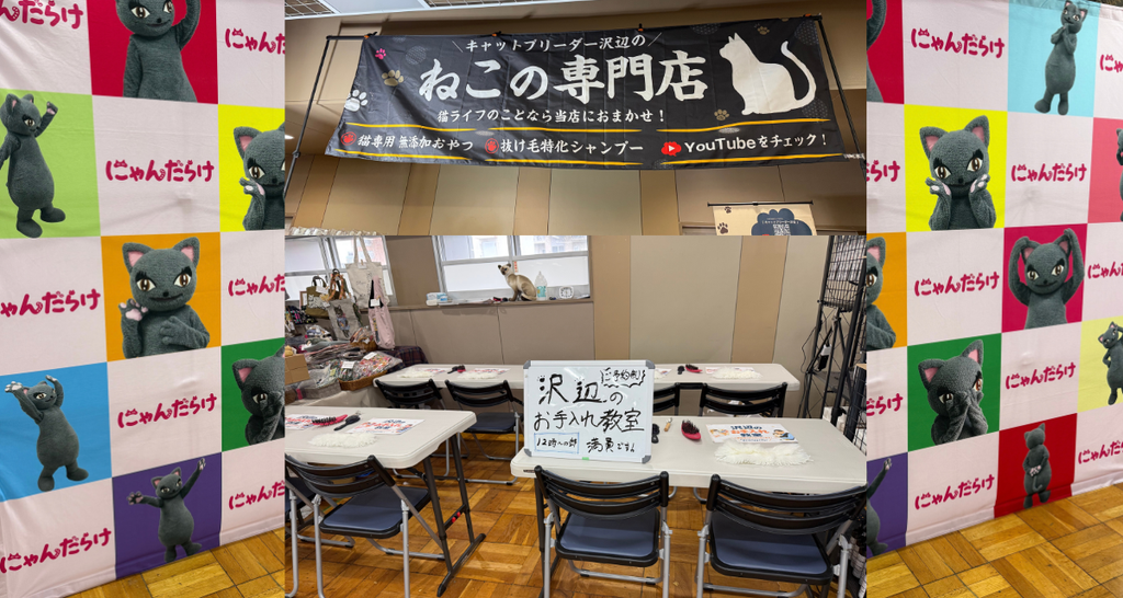 キャットブリーダー沢辺さんのお手入れ教室の会場。「ねこの専門店」の横断幕と、教室の机