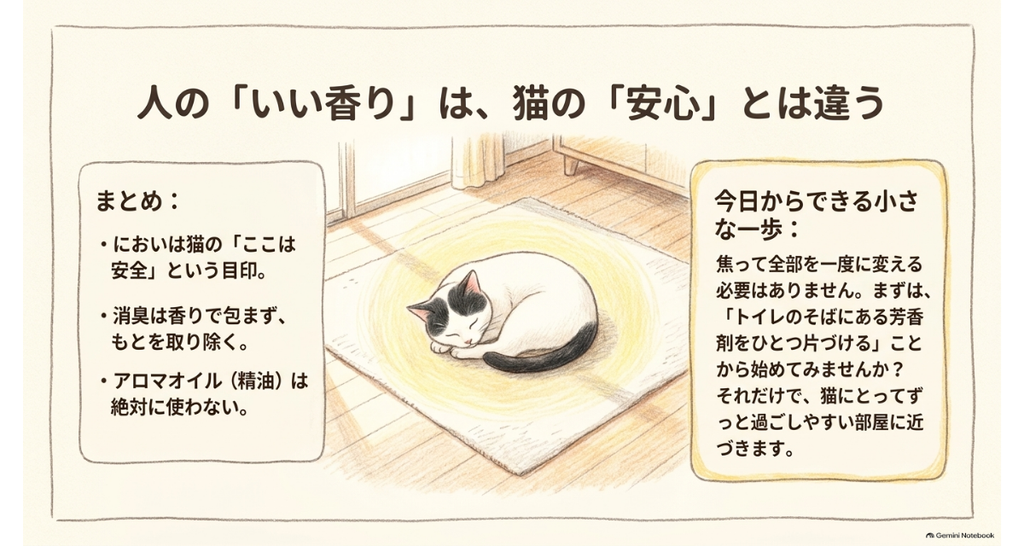 図解:人の「いい香り」は猫の「安心」とは違う。まとめと、今日からできる小さな一歩=トイレのそばの芳香剤をひとつ片づける。じゅうたんの上で丸くなって眠る白黒の猫