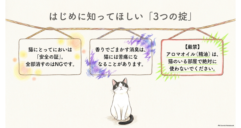 図解:はじめに知ってほしい3つのこと。においは猫にとって安全の証なので全部消さない、香りでごまかす消臭は猫には苦痛になることがある、アロマオイル(精油)は使わない