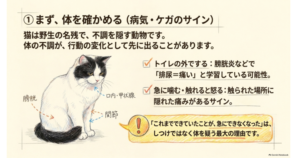 膀胱・関節・口内や甲状腺など、体の不調が行動の変化に出る例を猫のイラストで示した図解